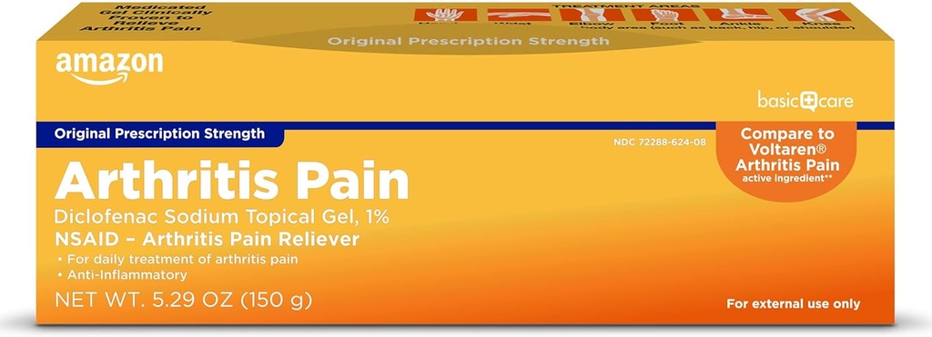 Basic Care Arthritis Pain Relieving Gel, Diclofenac Natrium Topical Gel, 1% (NSAID), 5,29 Oz (150 gram) (Packing kan variere)