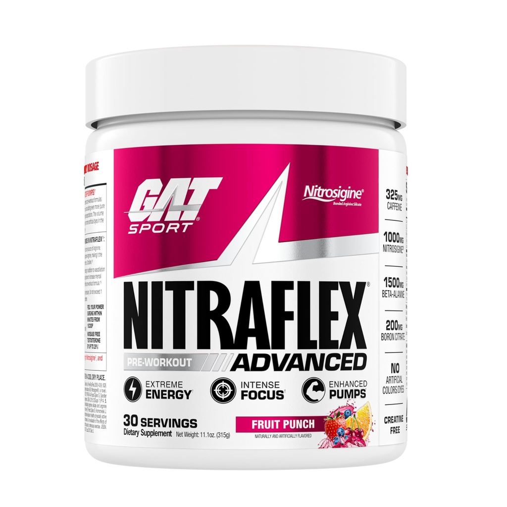GAT SPORT Nitraflex Advanced Pre-Workout pulver, øker blodstrøm, øker styrke og energi, forbedrer øvelsesytelse, menn og kvinner (Fruit Punch, 30 serveringer)