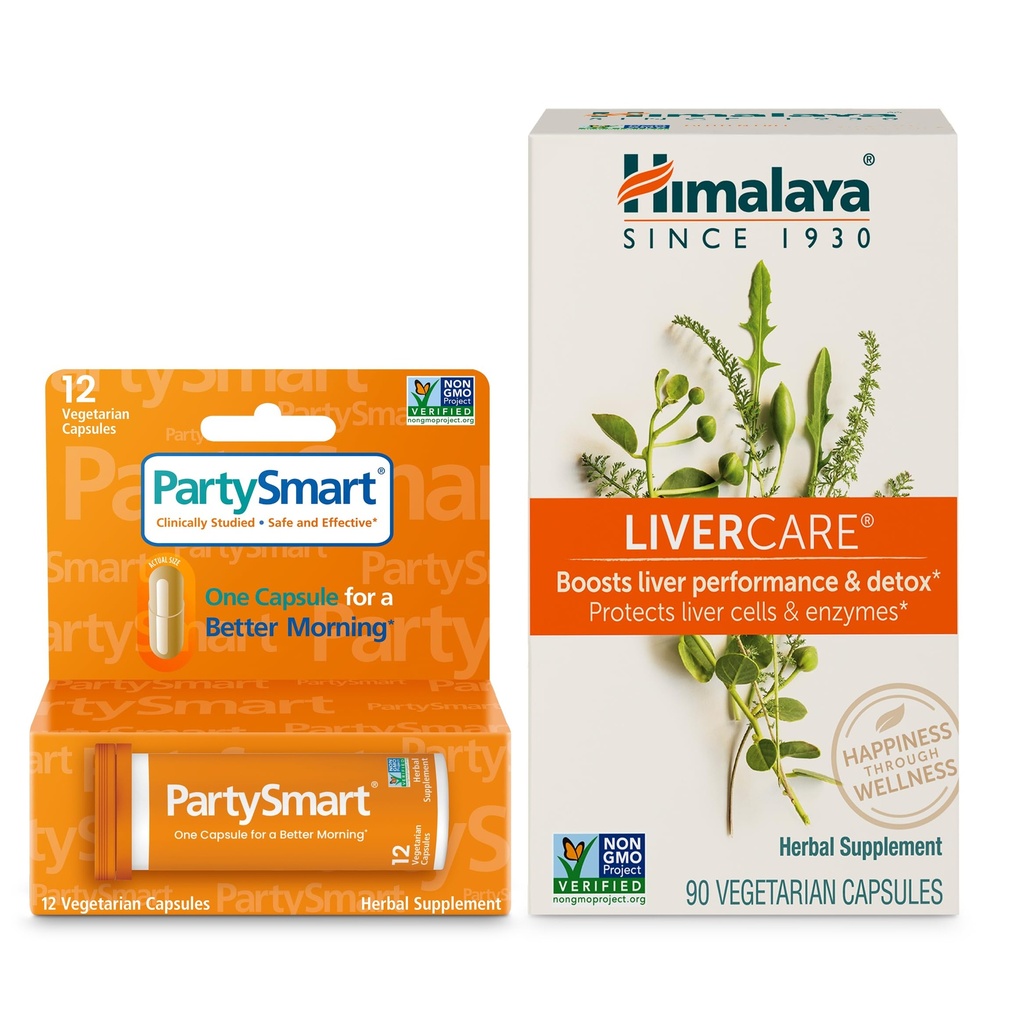 Himalaya PartySmart 12 Caps, En Kapsel for en bedre morgen etter drikking Plus LiverCare, 90 Caps for daglig Liver Cleanse, Liver Support og å eliminere avfall – 2 Produkt Bundle
