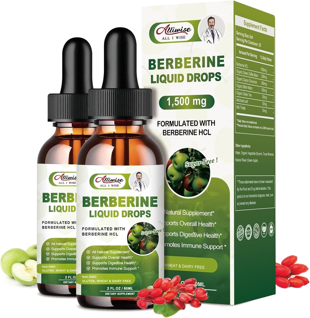 2 Pack Berberine Supplement flytende dråper for immunsystem og Digestive System Støtter -Premium Berberine HCL 1500mg med ren ceylon kanel -4 Fl Oz