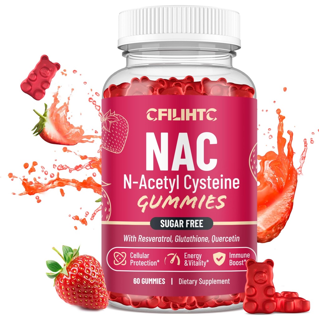 CFILIHTC NAC Gummies 600 mg, N Acetyl Cystein Supplement med glutation, Resveratrol, Magnesium, CoQ10, NAC Chewable for antioksidanter og immunstøtte, Jordbær Flavor 60 Gummies