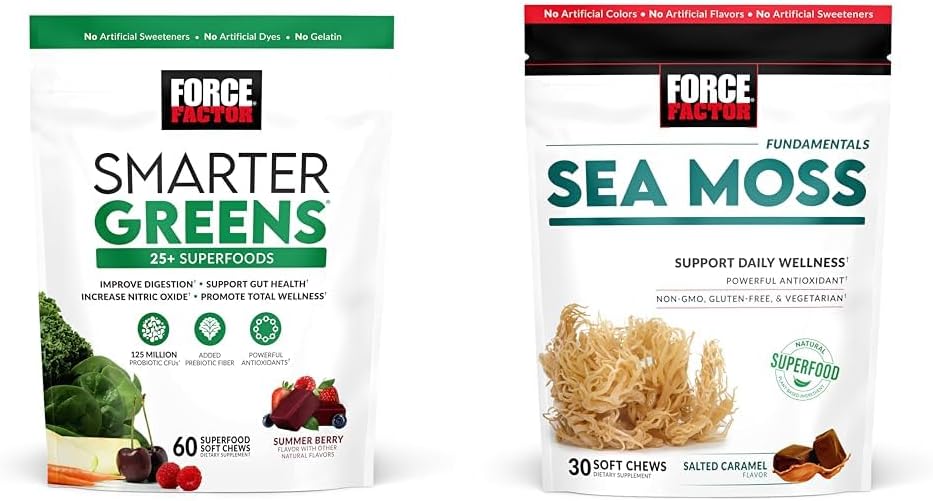 FORCE FACTOR Greens Chews med 25+ Superfoods & Sea Moss Chews, 60 & 30 Count