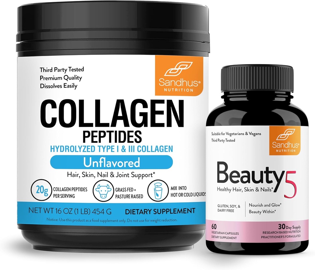 Sandhu's Grass-Fed Collage Peptides pulver & skjønnhet 5 Capsules® Hud kosttilskudd  Promote fremmer huden, håret, negle helse