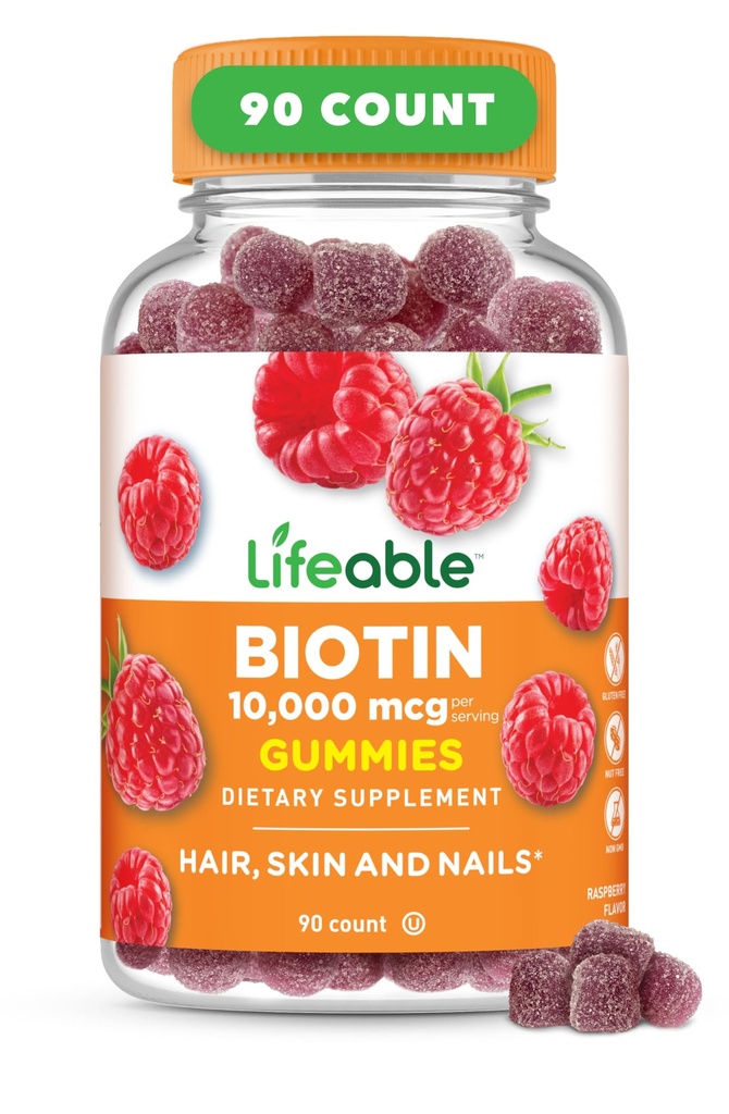 Livbar Biotin Gummies | 10.000mcg | Great Tasting Håret og negler Gummies | GMO-fri vegansk Biotin Supplement | Hårhud og negler Vitaminer for kvinner | 90 Gummies