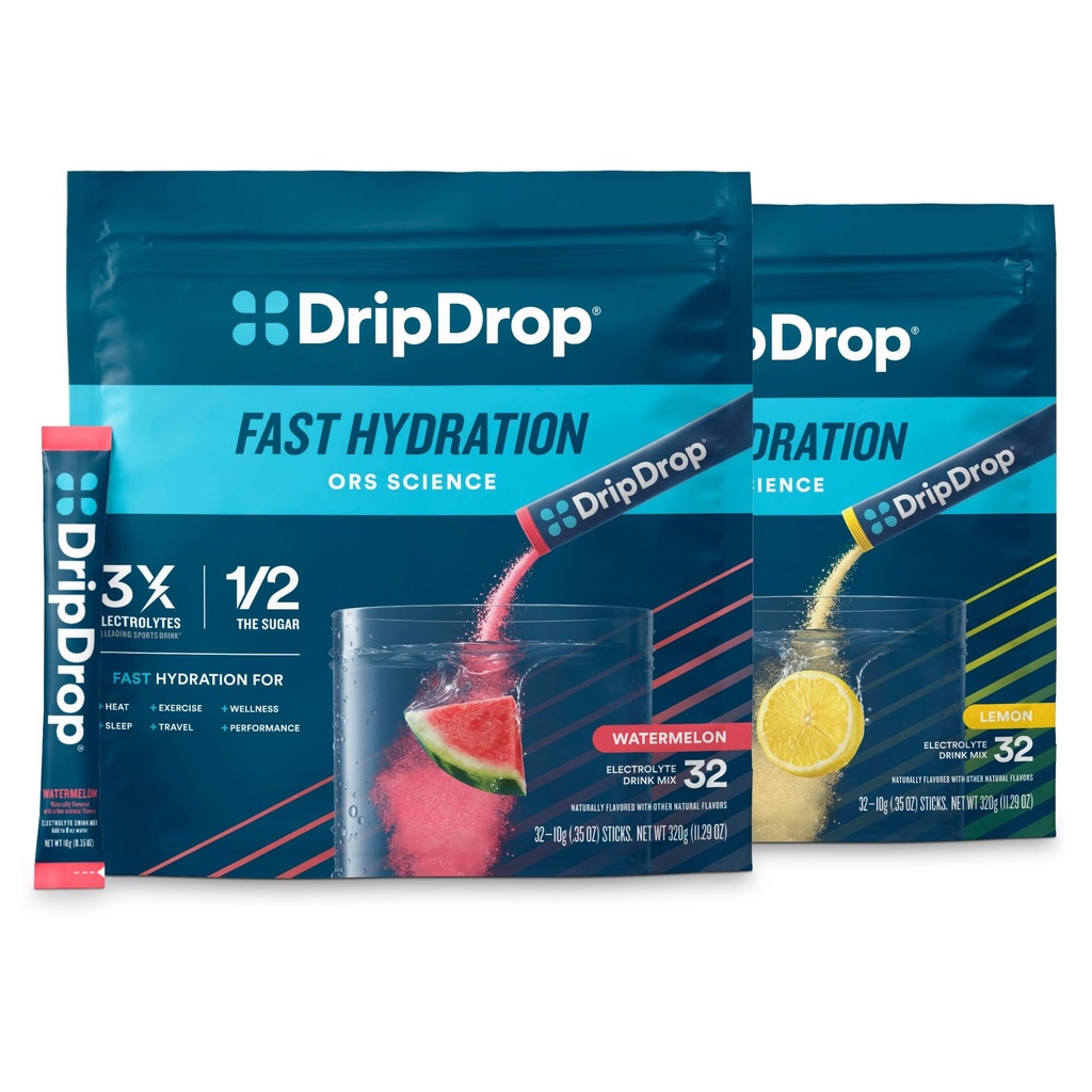 DripDrop Hydration - Electrolyte Powder Packets - Vannmelon & Lemon Bundle - 64 Teller