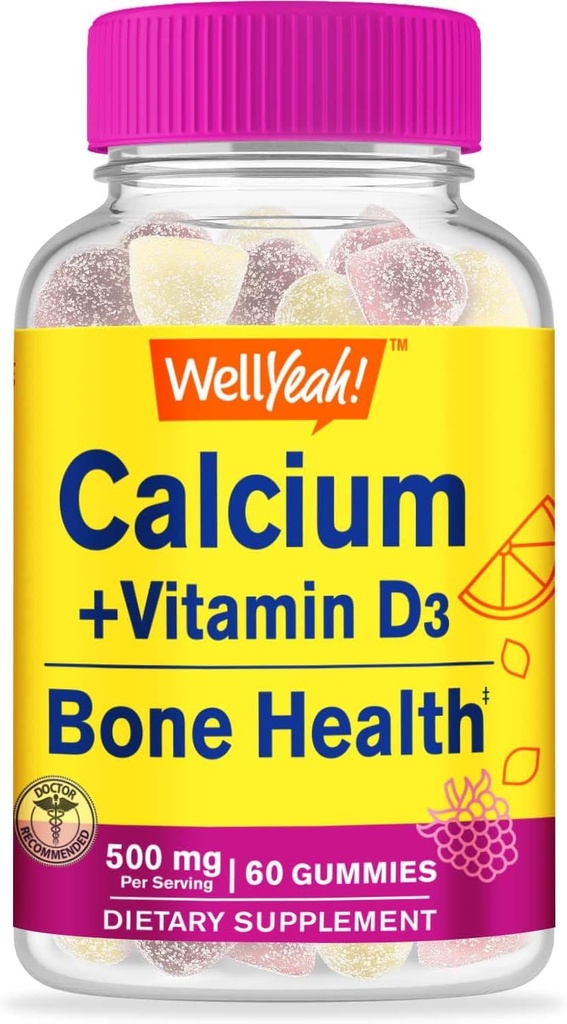 VelJa Kalsium 500mg + vitamin D3 1000 IE (25mg) Gummier - Bein Helse og Muskel Supprt, Immun støtte Gummy, Ikke GMO, Glutenfri, Blande Frukt Flavors - 60 Gummies