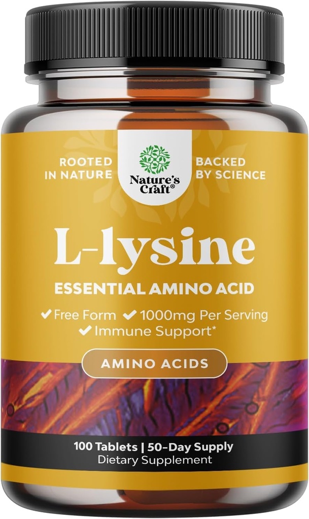 Natures Craft L-Lysine Free Form Capsules - høy styrke L-Lysine Supplement for øyehelse Lip Care Collage Syntese og immunstøtte - essensiell aminosyre - 1000mg per servering - 100mg