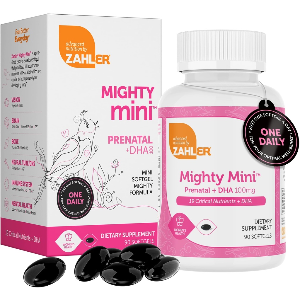 Zahler Mighty Mini Prenatal Vitamin med DHA & Folate - Certified Kosher - Alle naturlige prenatal vitaminer - Multivitamin for gravide kvinner - 19 prenatal vitaminer inkludert folsyre (90 Softgels)