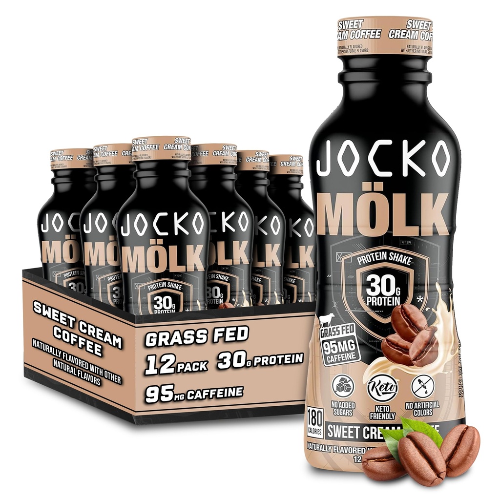 Jocko Drivstoff Mölk 30g Grass Fed Protein Shakes - Ingen lagt til sukkerprotein drikker KETO Vennlig - Klar til å drikke 12 FL Oz (Pack of 12) Søt krem kaffe