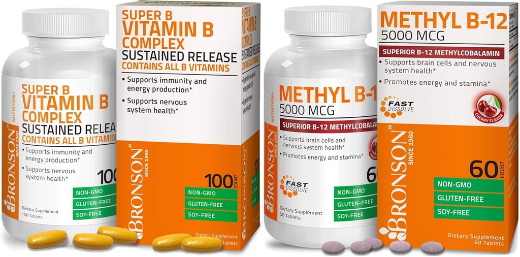 Bronson Metyl B12 5000 mg vitamin B12 Methylcobalamin Lozenges + Super B vitamin B Complex