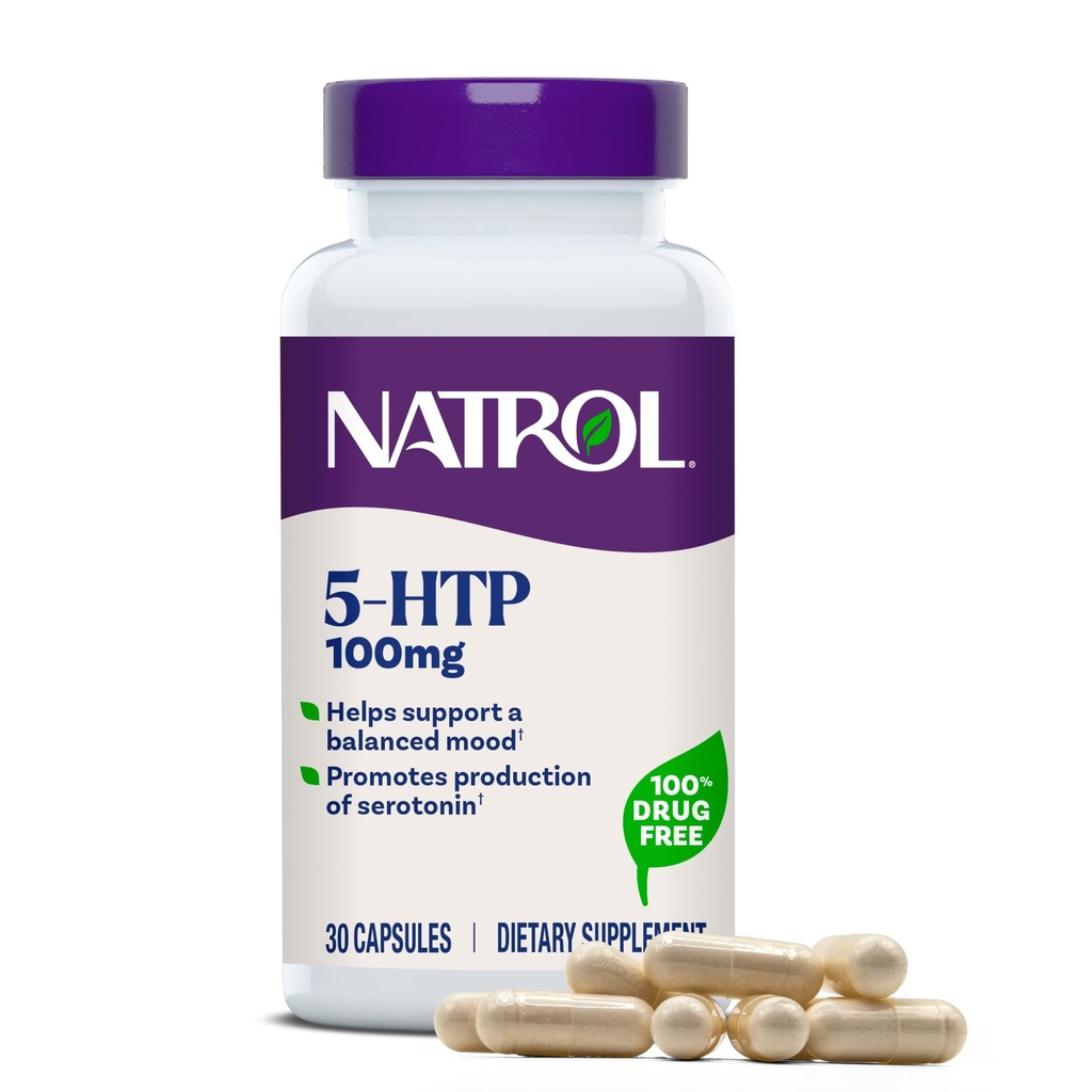 Natrol Mood + Stress 5-HTP 100 mg, kosttilskudd for en balansert humør, kapsler for voksne, 30 kapsler, opp til en 30 dagers forsyning