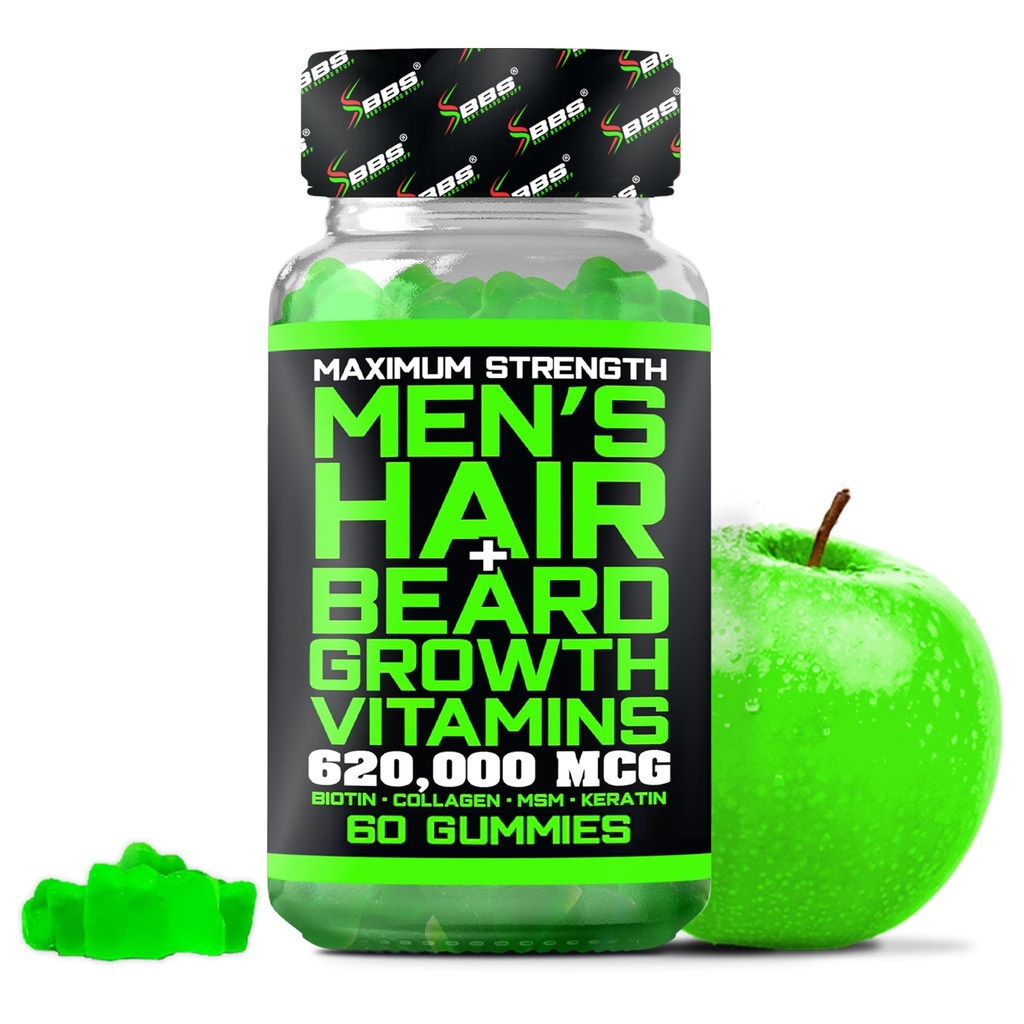 Beste Beard Stuff Beard Vekst Vitaminer - Biotin Gummier for Skjegg & Hårvekst - Maksimal styrke 620 000mcg Biotin med kollagen, MSM, Keratin & Bamboo ekstrakt