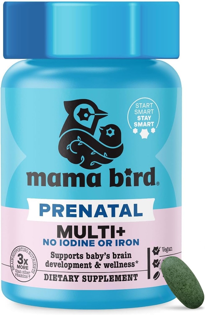 Best Nest Wellness Mama Bird Prenatal Multi Plus Iodine & Iron Gratis - Prenatal Vitamin for hjerne og digestiv helse - Vegan Multivitamin med Metylfolat, Probiotika og mer - 30 Caplets