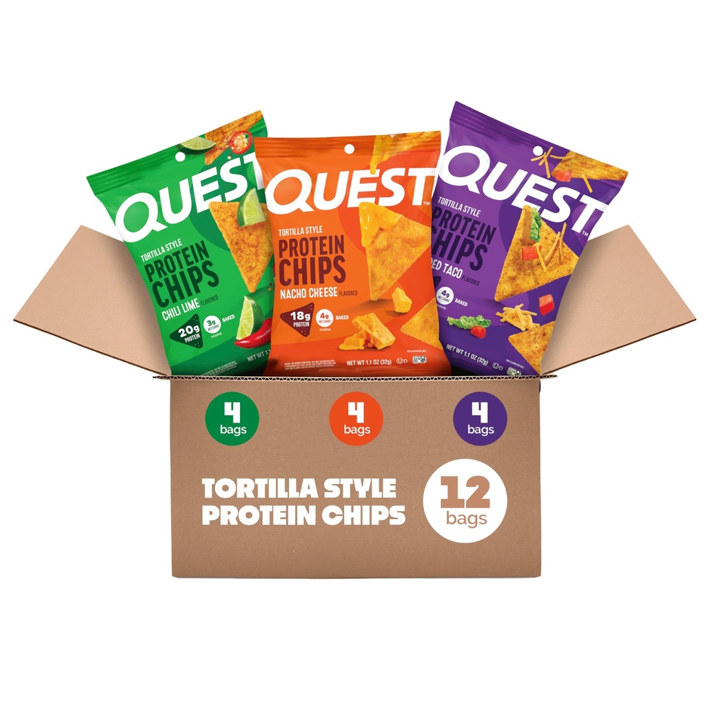 Quest Nutrition Tortilla Style Protein Chips Variety Pack, Chili Lime, Nacho Cheese, Lastet Taco, Lavt carb, høy protein, Glutenfri, 1.1 oz (Pack of 12)