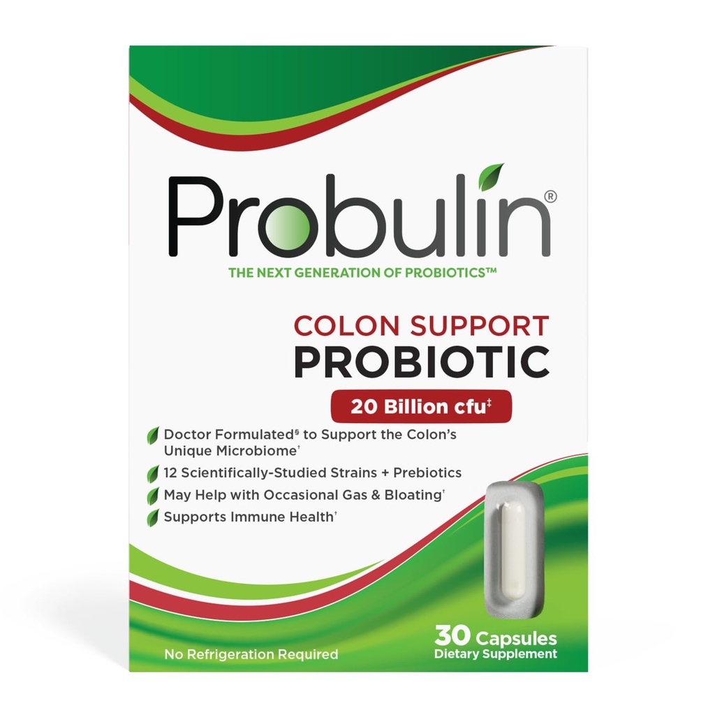 Probulin Colon støtte Daily Probiotic + Prebiotic + Støtte Gut Helse, Av og til Gas og Bloating - 20 milliarder CFU - 12 Strains, 30 Vegan Kapsler