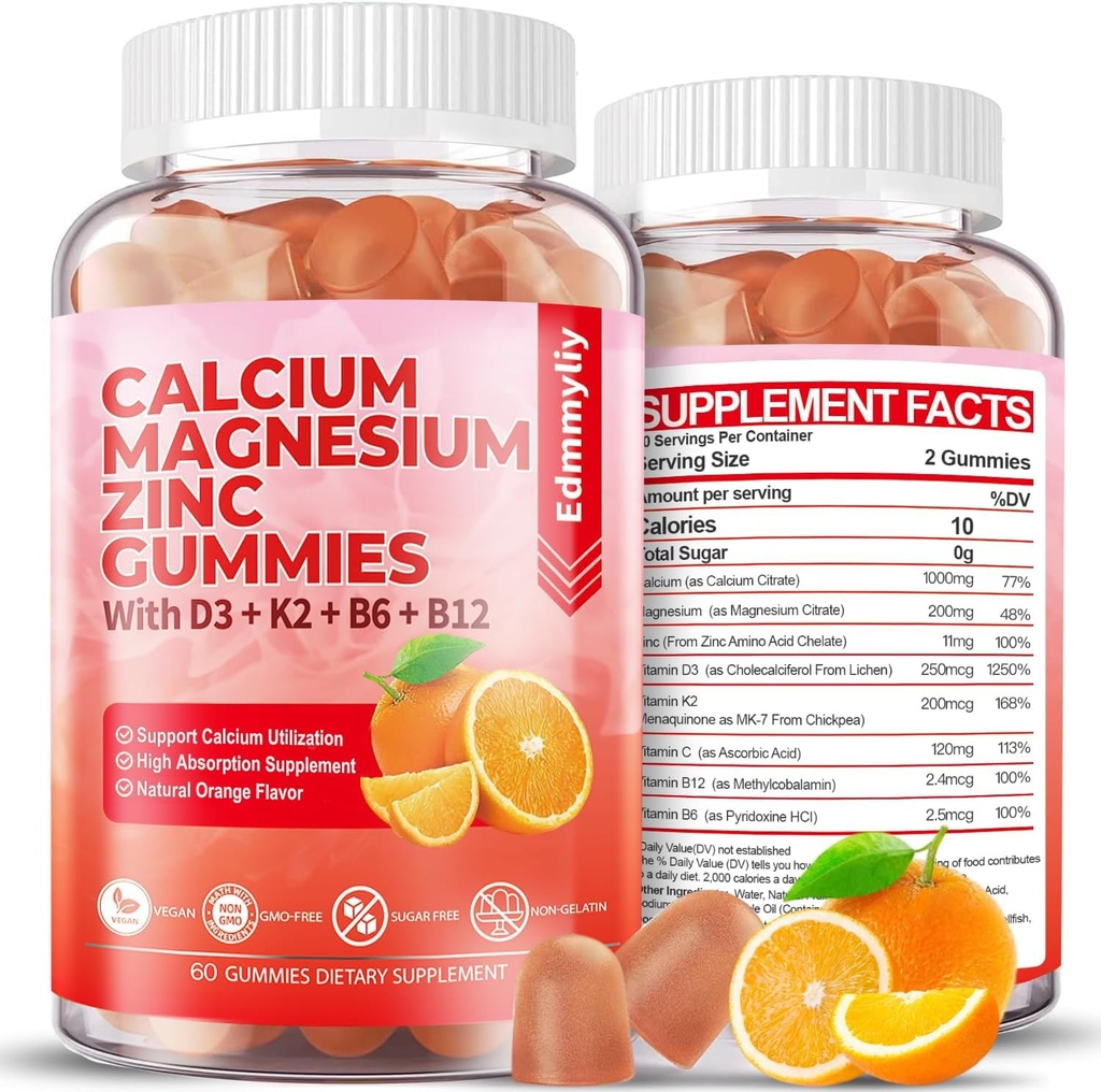 Sugar Gratis Kalsium Magnesium Sink Supplement Gummies med vitamin D3 & B12 for kvinner og menn høy absorpsjon Kalsium Magnesium Supplement for immunstøtte (120 antall)