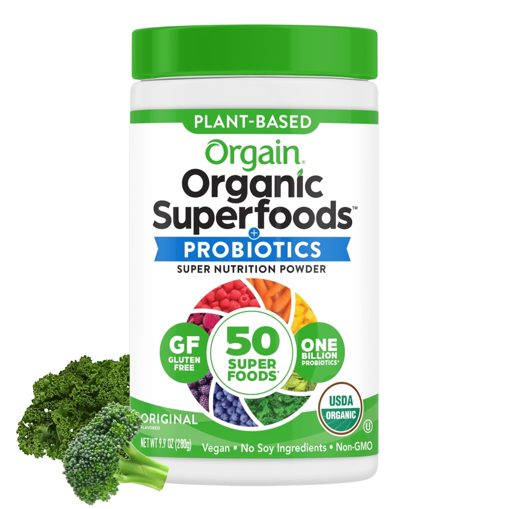 Orgain Organic Greens Powder + 50 Superfoods, Original - 1 milliard probiotika for Digestive Helse, Antioksidanter, Vegansk, Plantebasert, Glutenfri, Ikke-GMO, Grønn Juice & Smoothie Drink Mix - 0.62lb