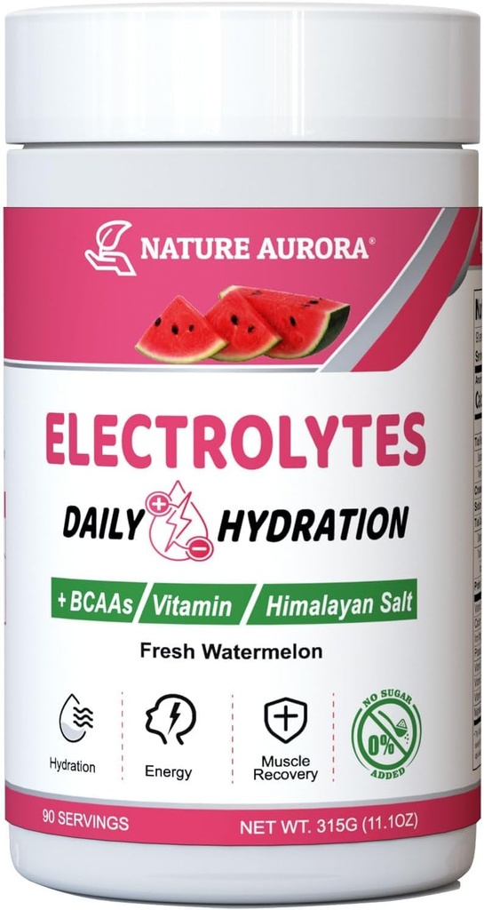 Elektrolyserer pulver Ingen sukker, fersk vannmelon elektrolytt pulver, Hydration pulver, forbedret med Himalayan Salt, BCAA og B-vitaminer, Ingen kalorier, sukkerfri ketoelektrolytt drikk - 90 serveringer