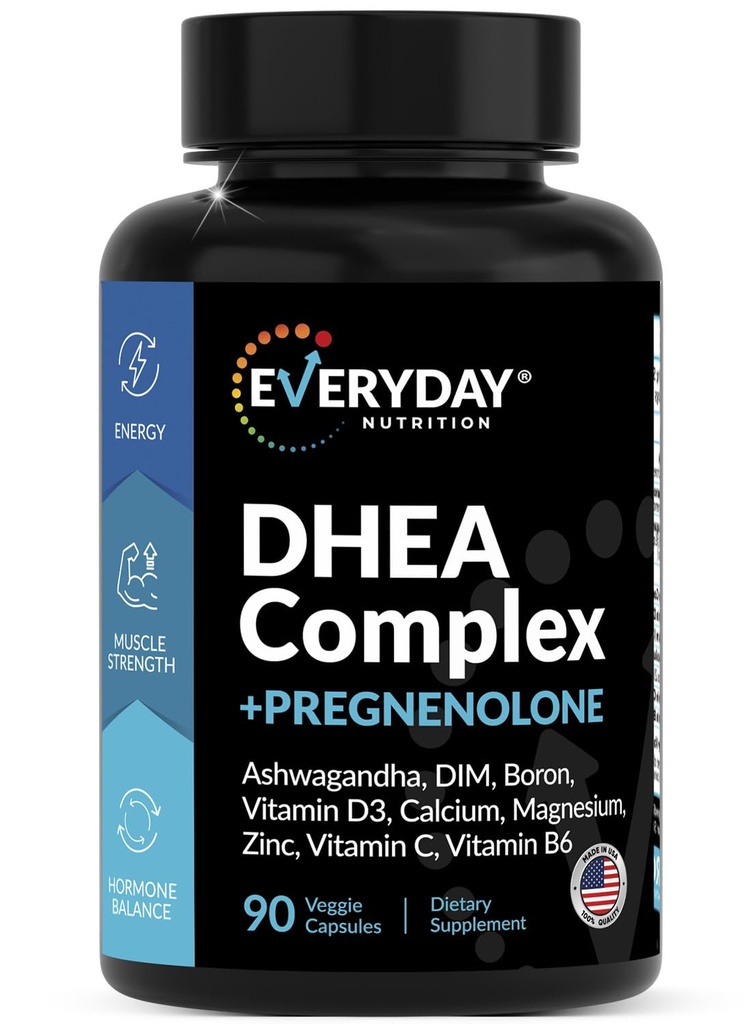 DHEA Micronisert 200mg Kompleks med Pregnonolone 100mg Supplement for menn og kvinner med Ashwagandha, DIM, Magnesium, Bor, Kalsium , Sink, vitamin D3, C og B6 hormon støtte - laget i USA 90 kapsler