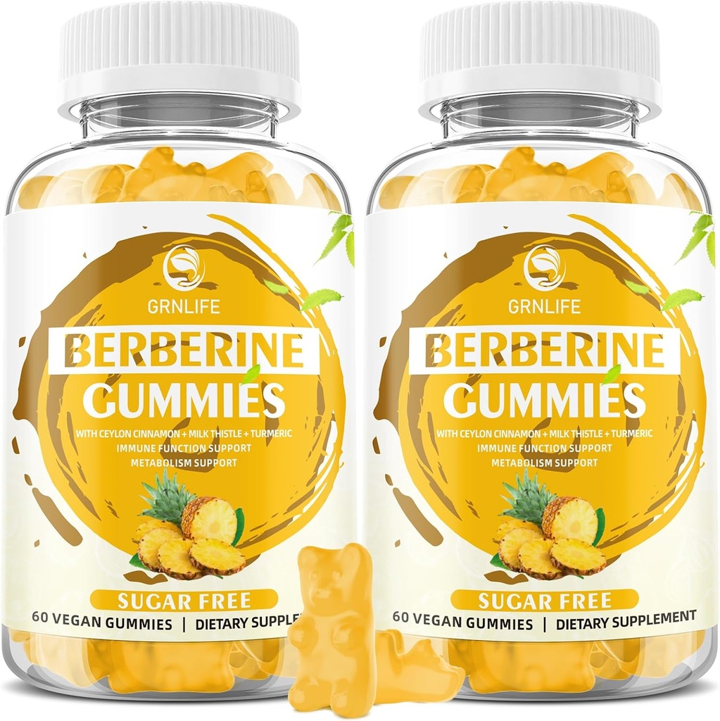 Berberine Gummies med ceylon kanel 1500mg høy potens Berberine HCL Supplement for immun og metabolisme støtte, sukkerfri, Pineapple flavor - 120 greve