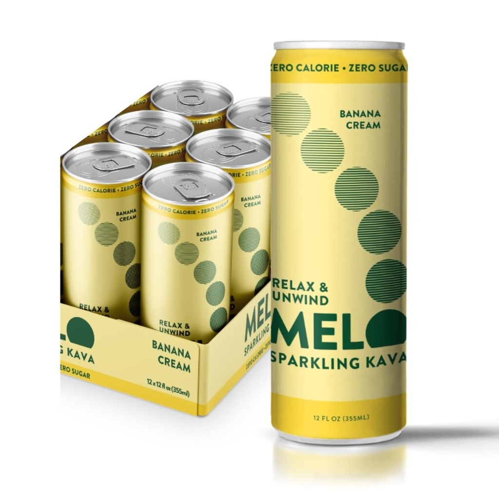 Melo Sparkling Kava Drikke, Banan Krem, Sukkerfri ikke-alkoholholdige drikker med null kalorier, Glutenfri, Vegansk, 100% naturlig Mocktail med 100 mg Kava Root per drink, 6 Pack, 12 oz Cans