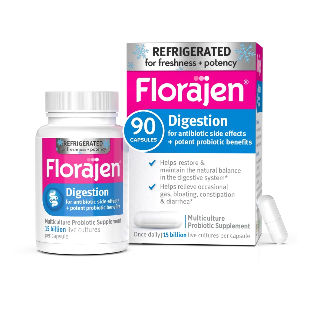 Florajen Digestion Probiotic - Advanced Gut Health Supplement for healing & Bloating Relief - 15 milliarder levende kulturer - Multi-Strain Formula - kjølig for styrke & friskhet - 90 kapsler
