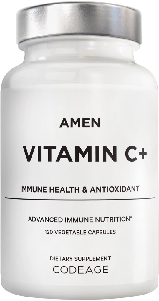 Amen Vitamin C+ Supplement med sink, bioflavonoider, Quercetin, Rose HIPS, Elderbær – Vegan, Ikke-GMO – 2 måneders forsyning - 120 kapsler