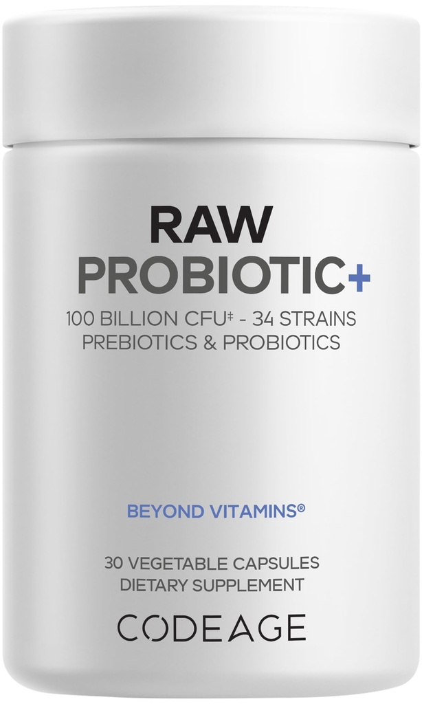 Codeage Raw Probiotic + Supplement - 34 Probiotic Strains, 100 milliarder CFUs, Raw Whole Food Probiotics, Digestive Enzymes, Raw Fruits & Veggies Prebiotics - Wild Kefir Culture - Ikke-GMO - 30 Kapsler