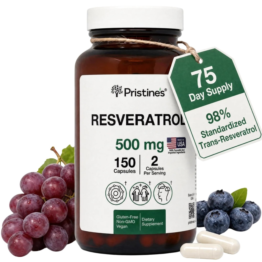 PRISTINE'S Resveratrol 500MG 75 dagers forsyning Anti Aging Antioksidant og hjerte helse Supplement kapsler - Hjerne og lunge helse fordeler