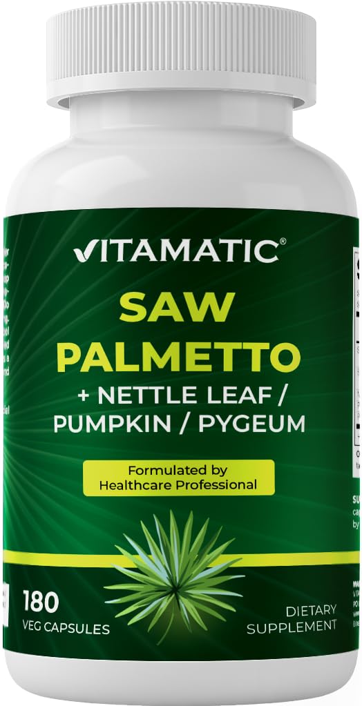 Vitamatic så Palmetto Extract for menn og kvinner 180 Veg Kapsler - Laget med Pumpkin Seed, Pygeum, Nettle Leaf - Laget i USA - fremmer sunn prostata funksjon