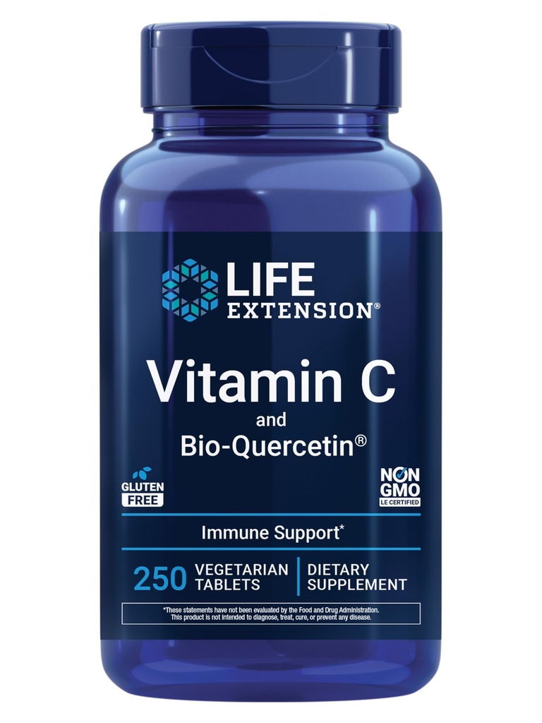 Livsforlengelse vitamin C og Bio-Quercetin®, kariovaskulære helsetilskudd, immunstøtte, høyabsorberbar, quercetin, vitamin C, Glutenfri, ikke-GMO, vegetarisk, 250 tabletter