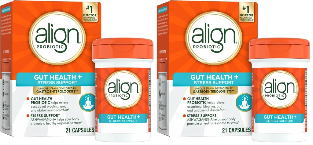 Justere probiotiske, digestive de-stress, probiotiske for kvinner og menn med Ashwagandha, hjelper med en sunn respons på stress, glutenfri, soyafri, vegetarisk, 21 kapsler (pakke med 2)
