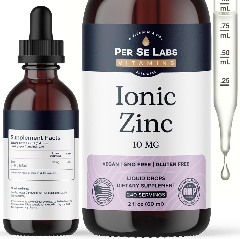 Per Se Labs Ionic Sink væske - 10 mg høy absorpsjon 240 serveringer flytende sink dråper for voksne - immun støtte hudpleie sink kosttilskudd - Vegansk sink sulfat antioksidant kosttilskudd - 2 Oz