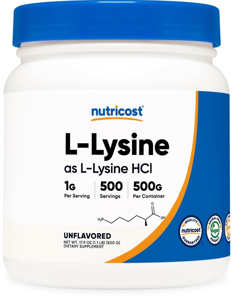 Nutricost L-Lysine pulver 500 gram - ren L-Lysine, ikke-GMO, Glutenfri