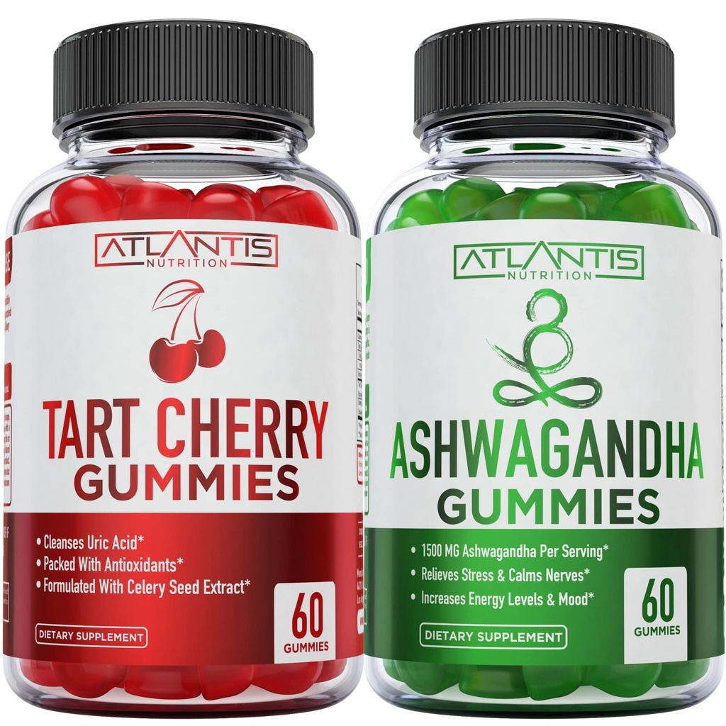 60 Ashwagandha Gummies + 60 Tart Cherry Gummies -Ashwagandha Øker energinivåene og styrker immunsystemet - Tart Cherry har avansert uric syre renser for øyeblikkelig gut smerte Reli