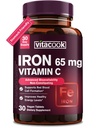 Iron Supplement for kvinner menn høy potens jern 65mg med vitamin C 250mg | Magevennlig jern piller for rød blodcelle og immunstøtte | Vegansk, ikke-GMO & Glutenfri | 30 Tabs