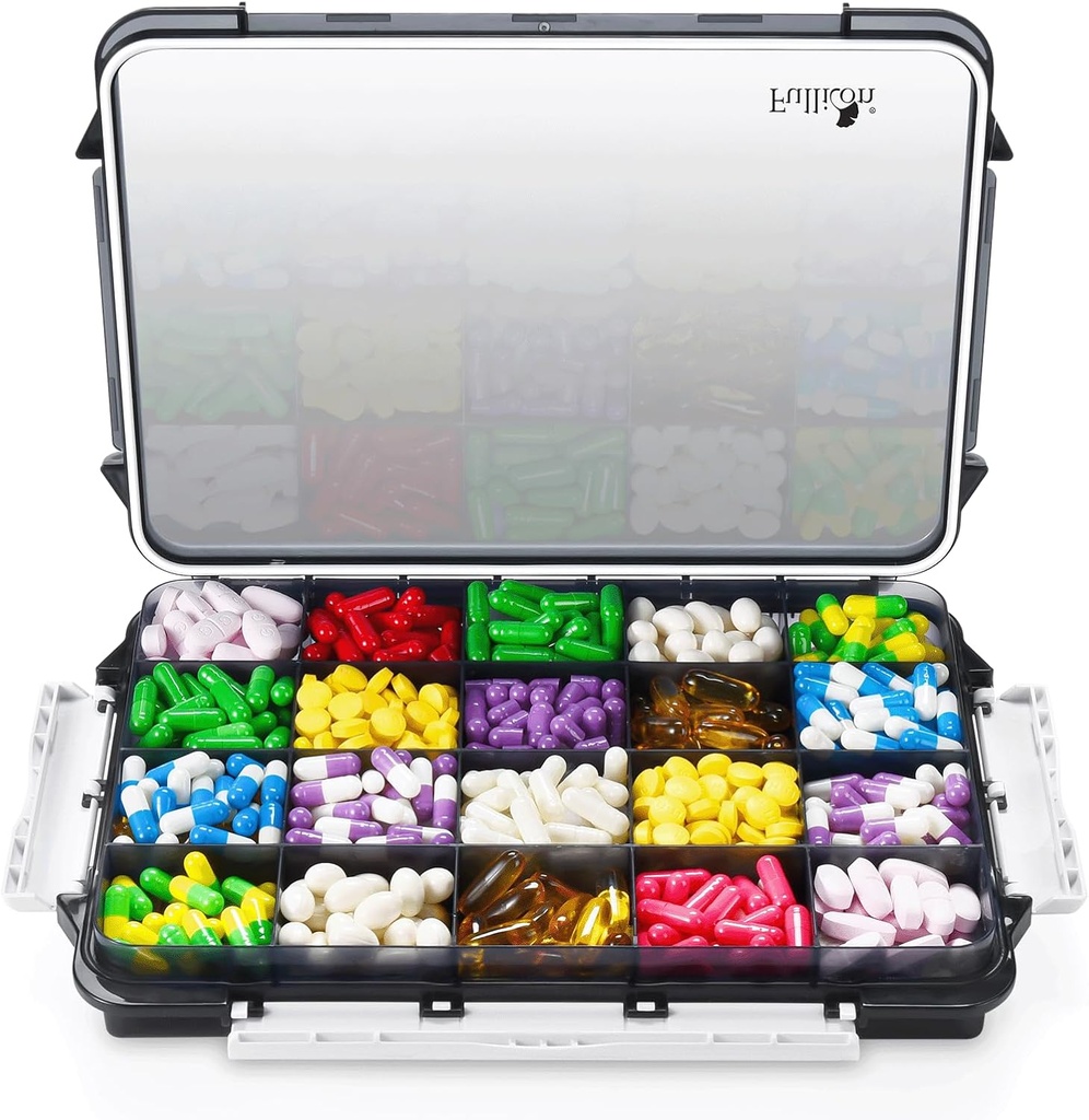 Fullicon Extra Large Pill Organizer med Moisture Proof Design, Reise Jumbo Pill Box med 20 Sammenligning, Supplement Organizer for vitaminer med 3 sikrede Buckles (svart)