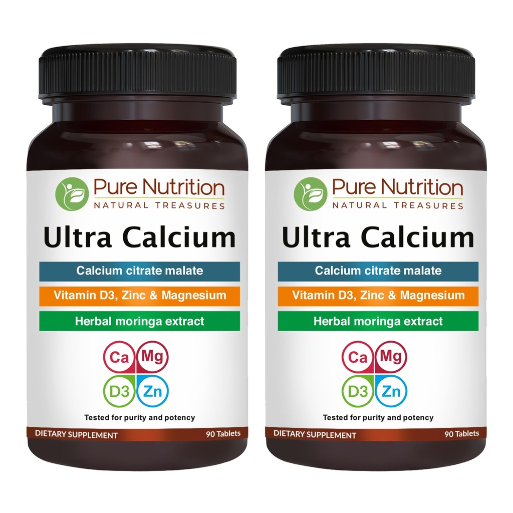 Ren ernæring Ultra Kalsium 1000mg med VIT D3 + K2 | 180 Tabs (90 X Pakke med 2) | Høyt absorberende kalsiumtilskudd med kalsiumcitratmalat, VIT D3, K2, Moringa Oleifera, magnesium og sink.