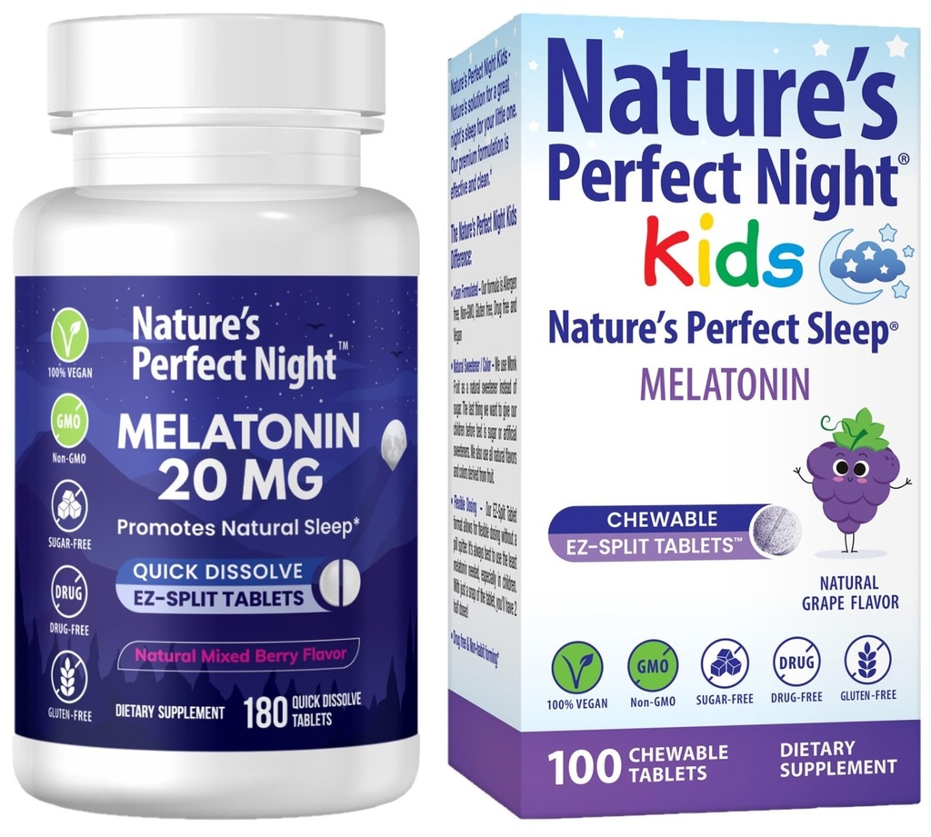 Naturens perfekte nattebukser Melatonin 20 mg | Kids Melatonin 1 mg | 180 greve | 100 greve | Sukker | Glutenfri | Ikke-GMO | Vegan