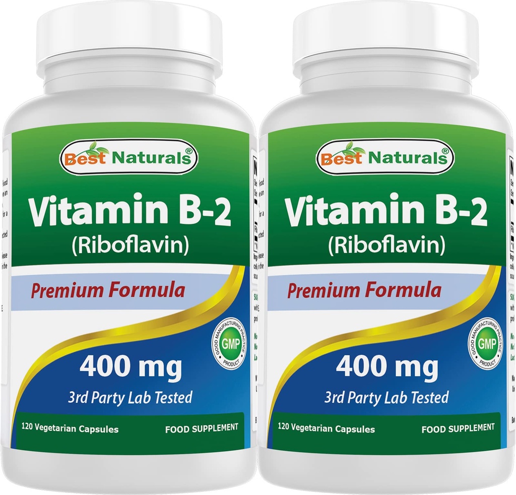 Best Naturals vitamin B2 (Riboflavin) 400mg - Migrain Relief - Veggie kapsler - Conezyme Precursor - 120 Count (120 Count (Pack of 2))