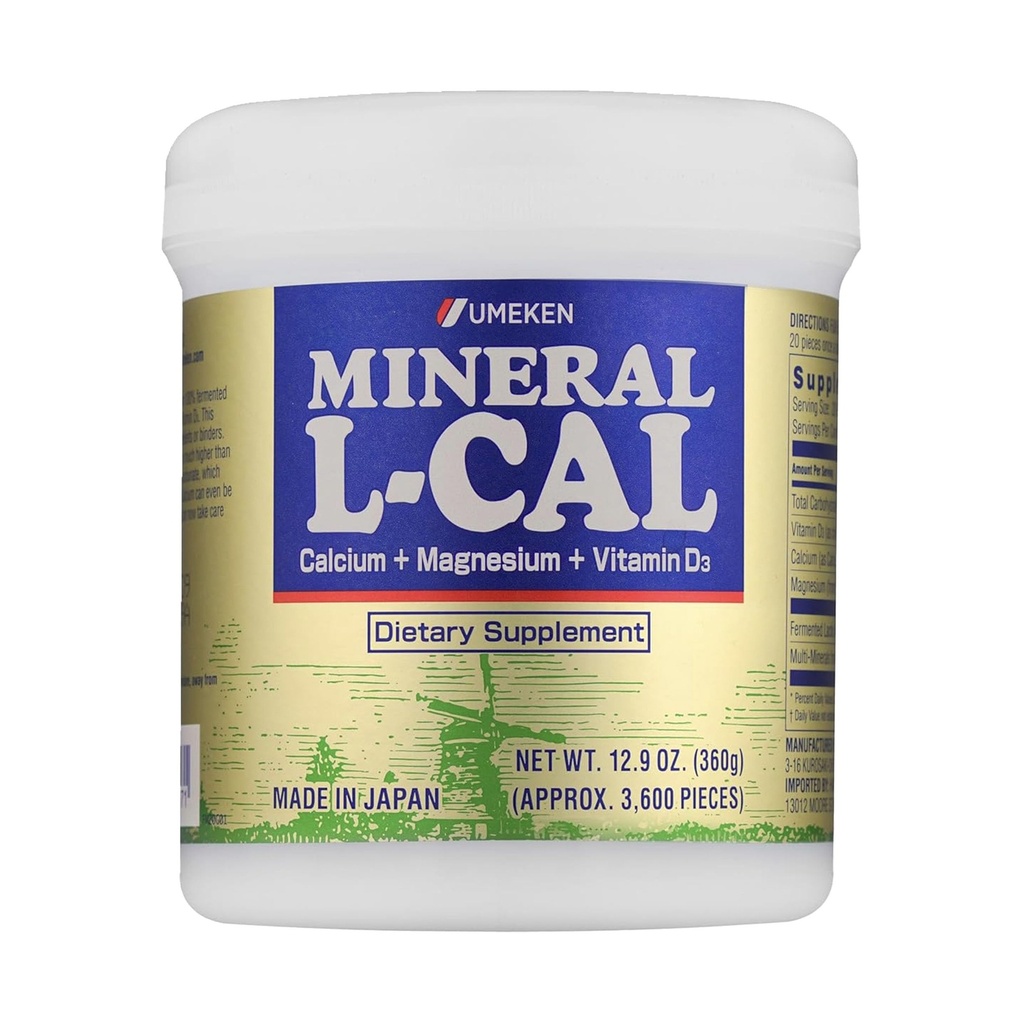 Umeken Mineral L-Cal Kalsium med vitamin D3, 6 måneders forsyning, vannløselig ball format med magnesium og mineraler, raskt absorberende kalsium magnesium D3 Supplement, 3600 baller, 360 g, pakke med 1