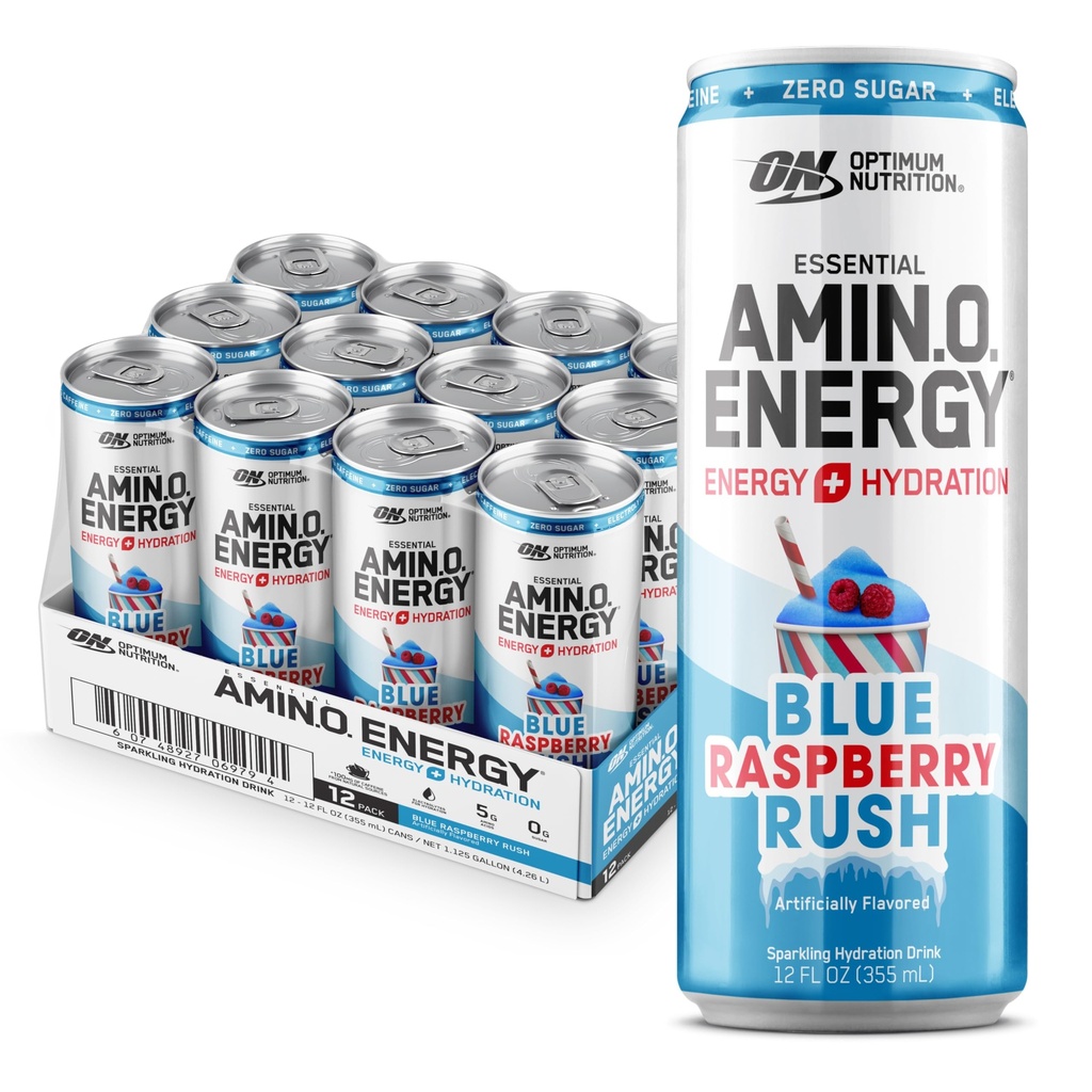 Optimum Nutrition Amino Energi Sparkende Hydration Drink, Elektrolytter, Koffein, Aminosyrer, BCAA, Sukkerfri, New Blue Raspberry Rush, 12 Fl Oz, 12 Pack (Packing May Vary)