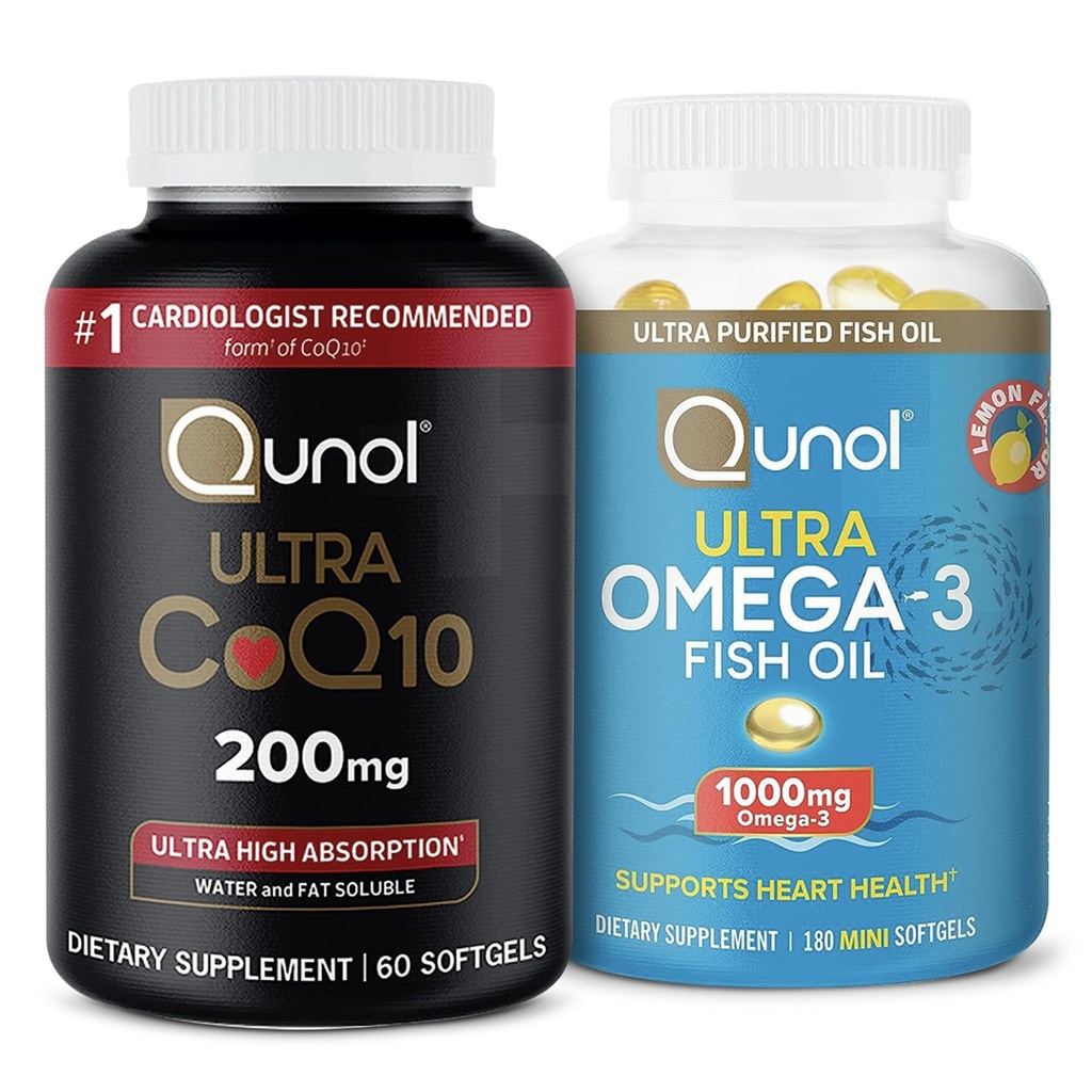 Qunol Ultra CoQ10 200mg Softgels - Ultra høy absorpsjon Coenzym Q10 Supplement - 2 måneders forsyning - 60 telle + Fish Oil Omega 3 Mini Softgels, 1000mg Omega 3 EPA + DHA, 3 måneders forsyning, 180 telle