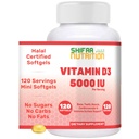 SHIFAA NUTRITION Halal vitamin D, Halal vitamin D3, 5000 IE Softgels, 120 serveringer. Ikke-GMO, Glutenfri, Støtter: Struktur, Bein, tenner, hjerte, muskel og immunfunksjoner