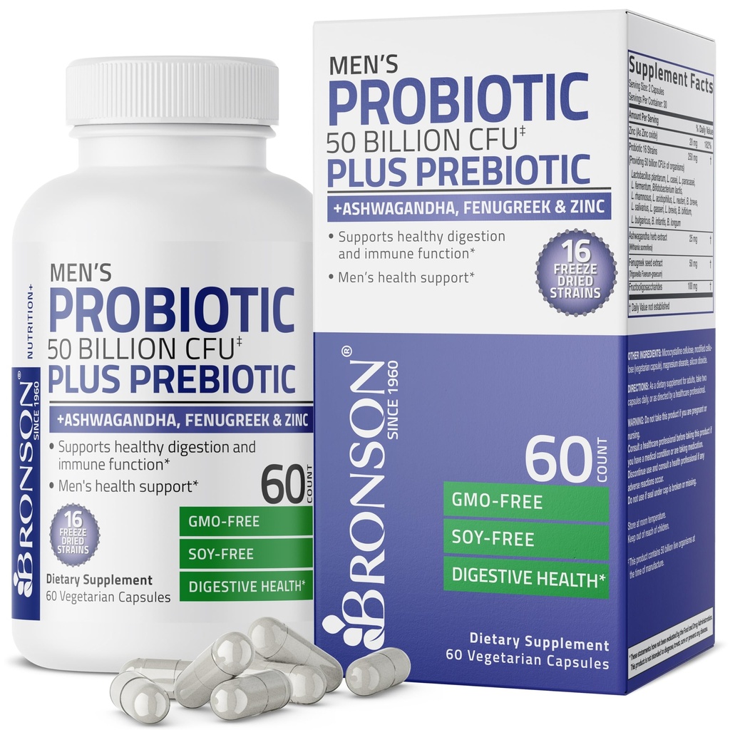 Bronson Mens Probiotic 50 milliarder CFU Plus Prebiotic med Ashwagandha, Fenugreek og sink, støtter sunn digestion og immunfunksjon ikke-GMO, 60 vegetariske kapsler