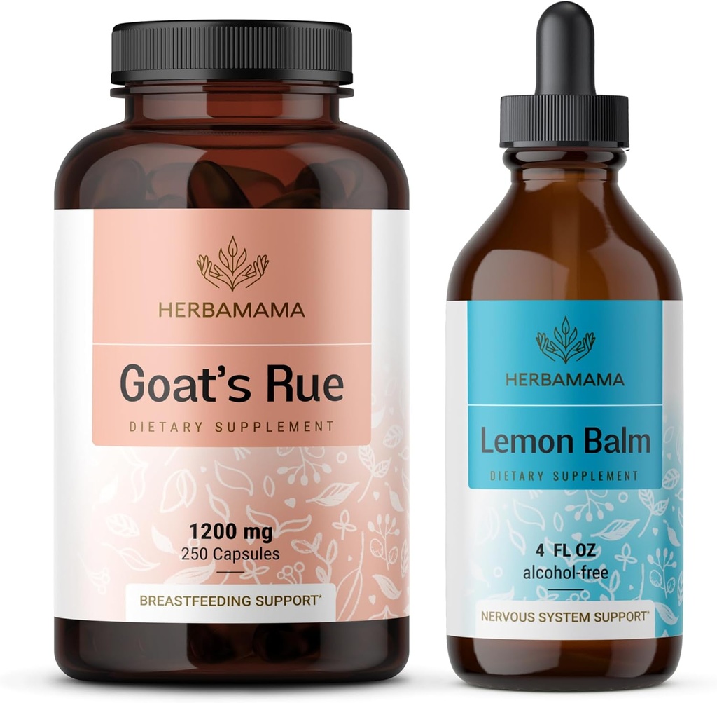 HERBAMAMA Goat rue og sitron Balm Kit - Budge på 1200 mg Goat rue kapsler & sitron balm flytende dråper 4 oz - Vegan, ikke-GMO, sukker og alkohol-fri - 2 pakke