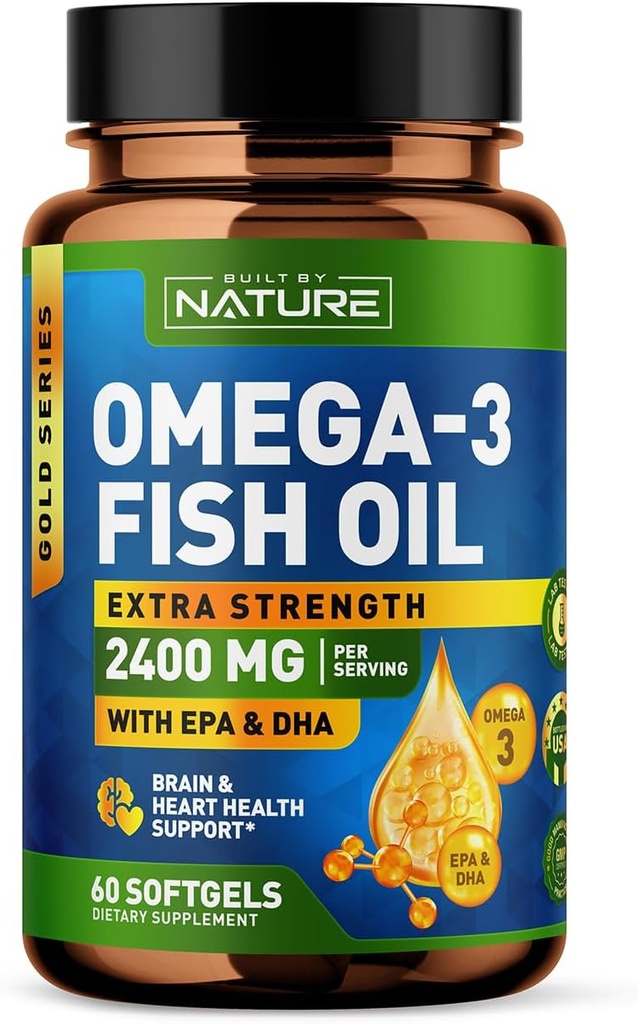 Bygget av Nature Omega 3 Fish Oil Soft Gels - 2400 mg Fish Oil, 1440 mg Omega 3, 864 mg EPA, 576 mg DHA - Ekstra styrke Hjerne og hjerte Helse Støtte Supplement - 60 Softgels