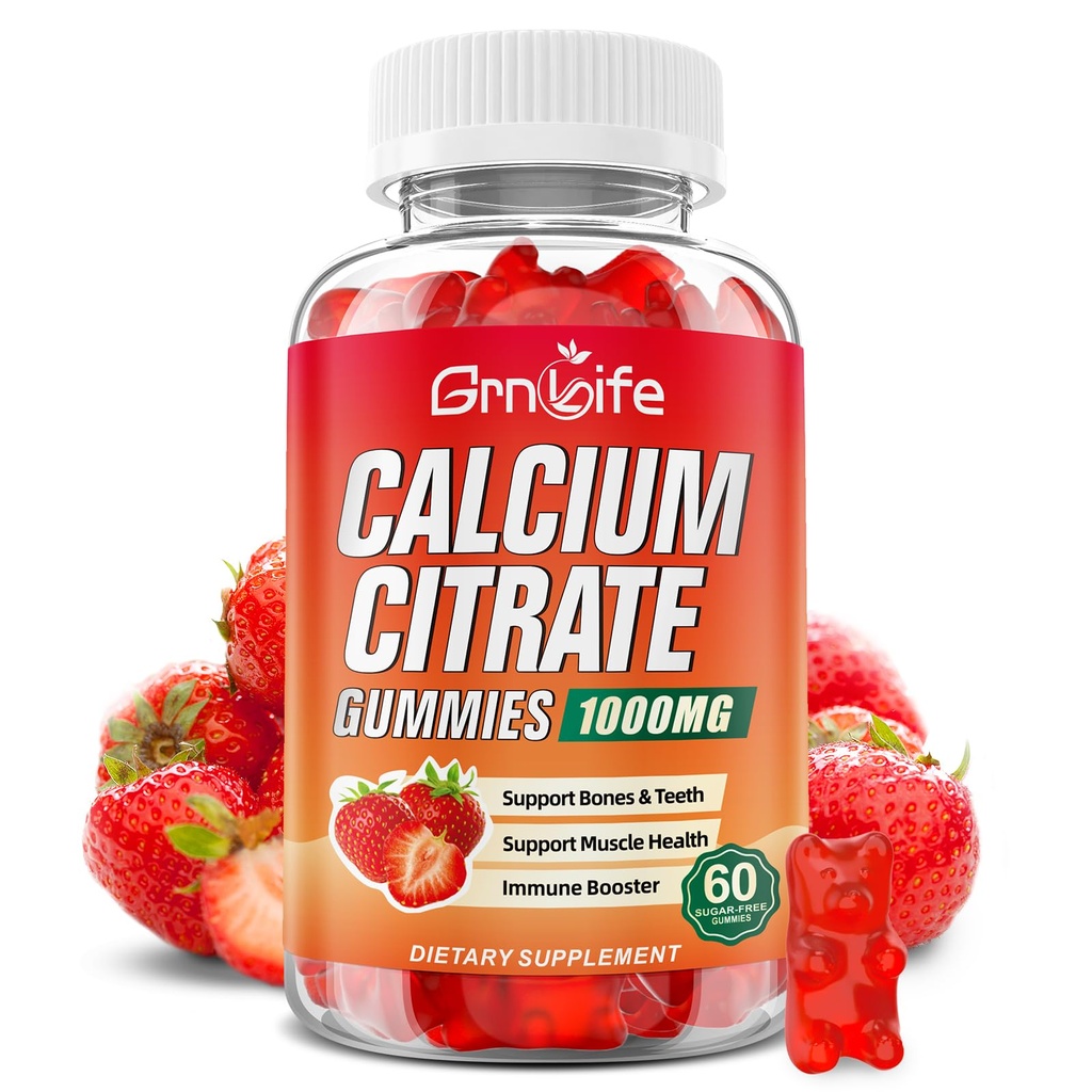 Kalsium Citrate Gummies, Sukkerfri Kalsium Citrate 1000mg for muskler Sunn, Absorpsjon Kalsium Kosttilskudd for voksne og barn, Jordbær, 60 Telling