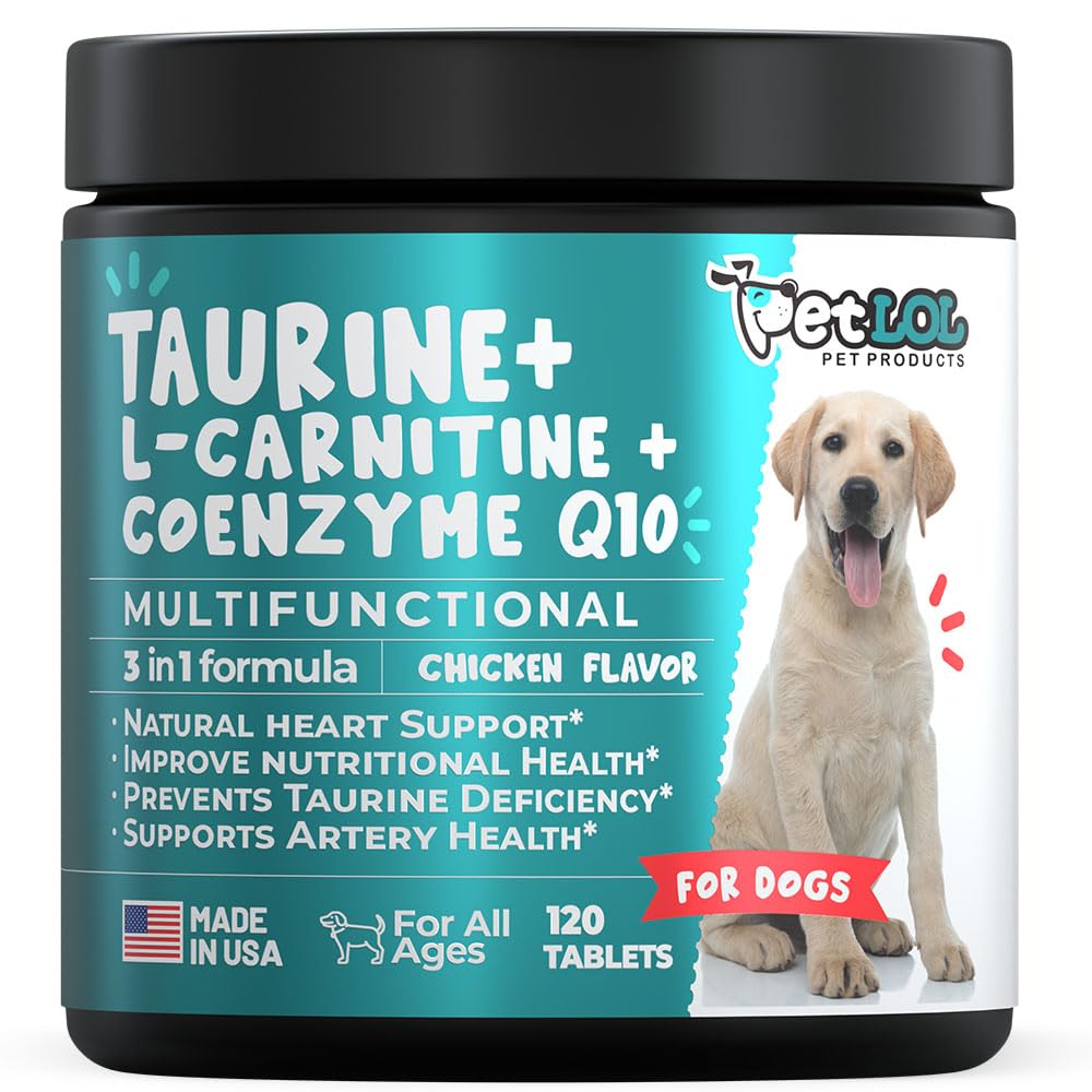 Taurin Supplement for hunder med L-karnitin og coenzym Q10 (CoQ10): Veterinær for forsterket hjerte (DCM), kongetiv hjertesvikt, Taurinmangel: 3-i-1 | Hundetilskudd- 120ct