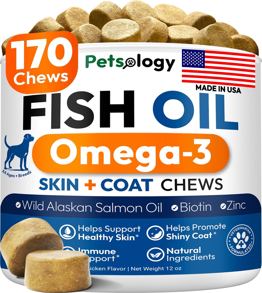 Omega 3 Fiskeolje for hunder - 170 Chews - Omega 3 for hunders kløende hud og allergi Relief - hud og Coat Supplement - EPA & DHA fettsyrer - hund antishedding og hot spot behandling - lakseolje